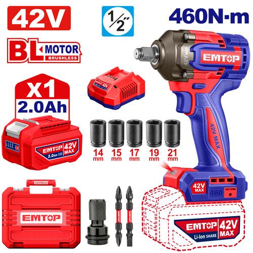 Llave de Impacto 1/2" BL 460Nm 1x Bat 42V 2Ah + Acc. (M) Emtop