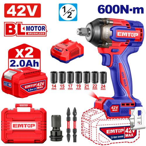Llave de Impacto 1/2" BL 600Nm 2x Bat 42V 2Ah + Acc. (M) Emtop