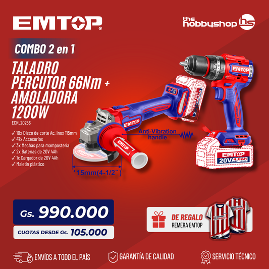 Combo Taladro Perc. + Amoladora (1200w). BL 2x Bat 20V + 4Ah. + Acc. (M) Emtop + REMERA