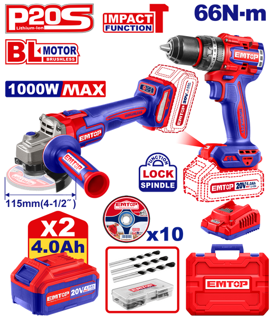 Combo Taladro P. 66nm + Amoladora 1000w BL 2x Bat 20V + 4Ah. + Acc. (M) Emtop