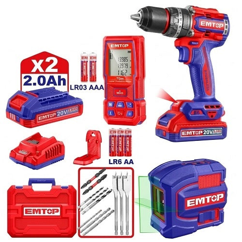 Combo Taladro P. 13mm BL. 86Nm. 2x Bat 2Ah + Auto nivel. + Med. Laser (M) Emtop