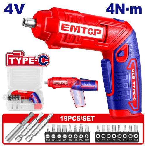 Mini Atornillador 1/4" 4V 4Nm. + 19 Acc. con estuche. Emtop