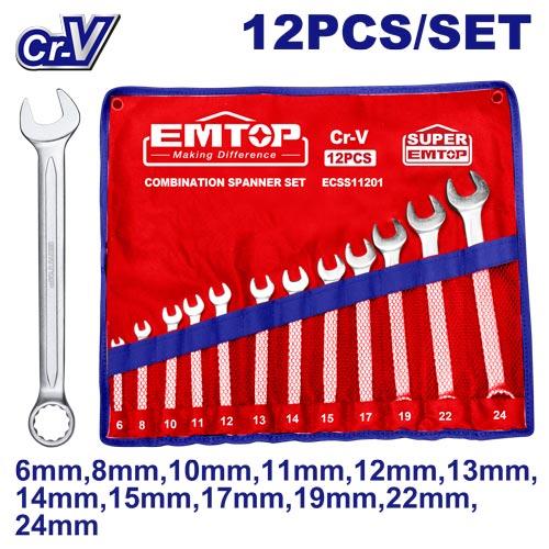 Juego llaves comb. 12pzas. CrV. 6mm - 24mm. Estuche. Emtop