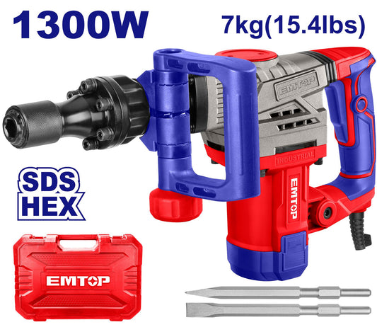 Martillete Demoledor 7Kg 1300W 20J HEX(17mm) + Acc. (M). Emtop