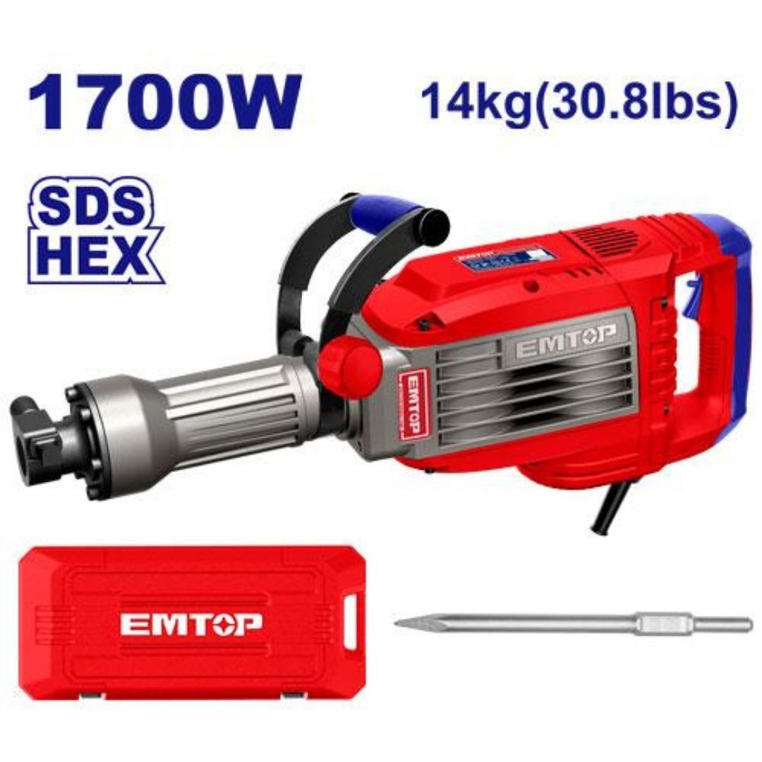 Martillete Demoledor 14Kg 1700W 50J HEX(28mm) + Acc. (M). Emtop