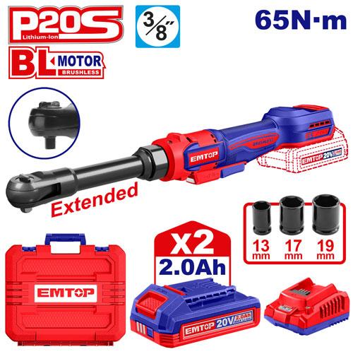 Llave criquet extendida inalam. 3/8" 65Nm + Acc. 2x Bat. 20V 2Ah. Emtop