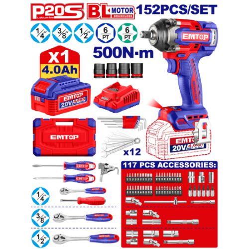 Juego de 152 pzas + Llave de impacto 500Nm 20V. (M) Emtop*