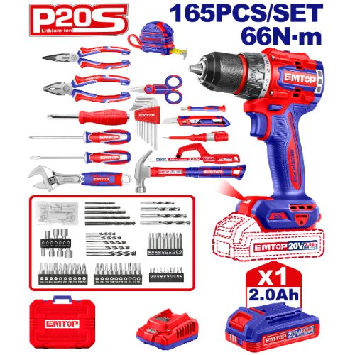 Juego de 165 pzas + Taladro Percutor 66Nm 20V. (M) Emtop*