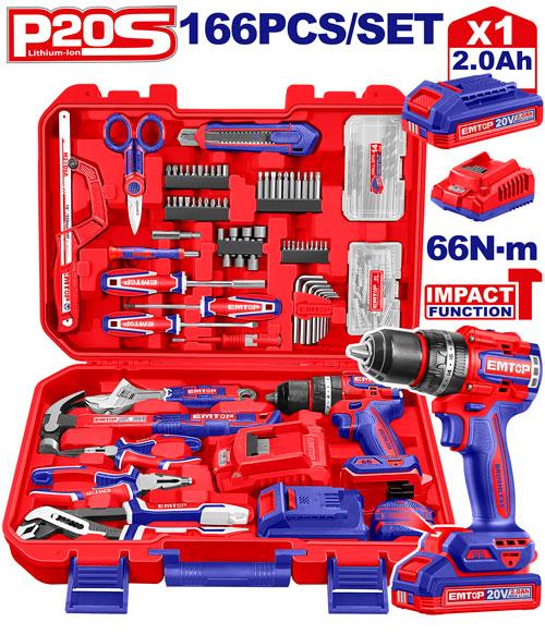 Juego de 166 pzas + Taladro Percutor 66Nm 20V. (M) Emtop