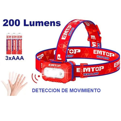 Linterna De Cabeza con Sensor de Mov. 200 Lumens. Emtop