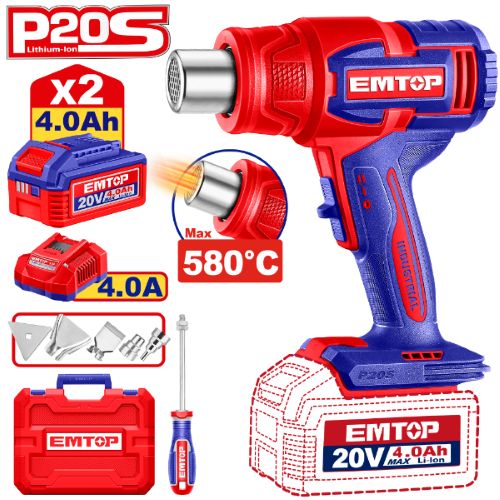 Pistola de Calor 2 Vel. + Acc. 2x Bat 20V 4Ah. Emtop