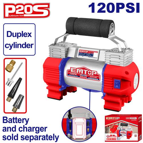 Inflador Inalambrico bicilindrico 120Psi. 20V + Acc. Sin Bateria. Emtop