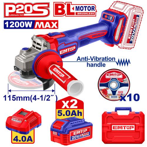 Amoladora 115mm BL 1200W + Acc. 2x Bateria 20V 5Ah. (M) EMTOP