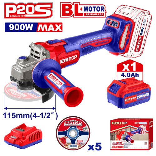 Amoladora 115mm BL 900W + Acc. 1x Bateria 20V 4Ah. EMTOP