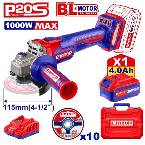Amoladora 115mm BL 1000W + Acc. 1x Bateria 20V 4Ah. (M) EMTOP
