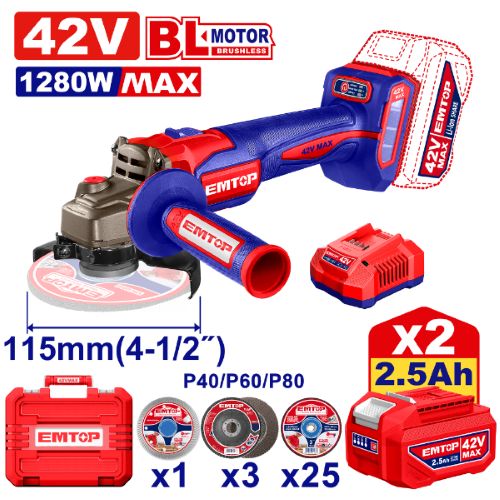 Amoladora 115mm BL 1280W + Acc. 2x Bateria 42V 2.5Ah. (M) EMTOP