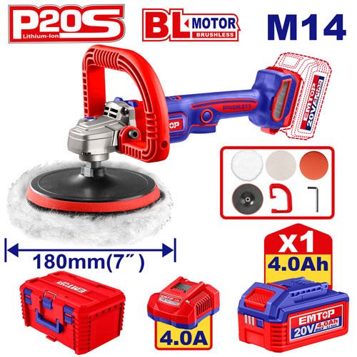 Pulidora 180mm BL + Acc. 1x Bateria 20V 4Ah. (M) Emtop