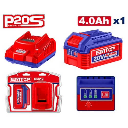 Kit cargador 20V 2Ah + 1x Bat. 20V 4.0Ah. Emtop