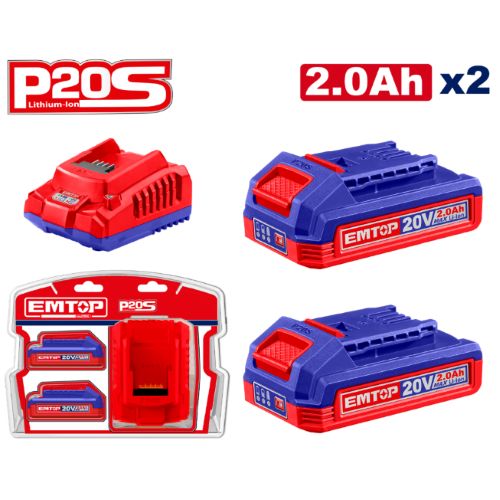 Kit cargador 20V 2Ah + 2x Bat. 20V 2.0Ah. Emtop ELBCPK2212