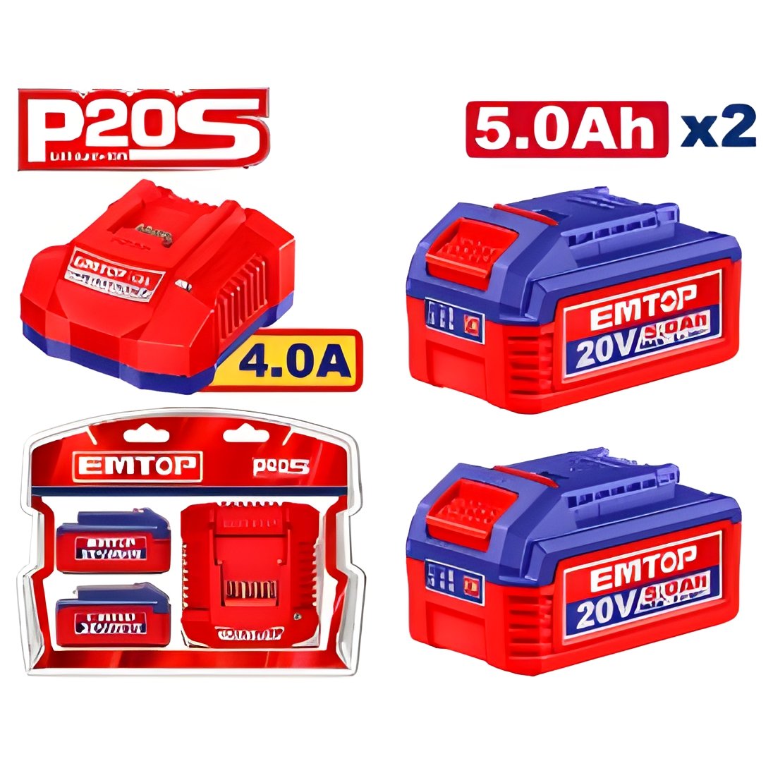Kit cargador 20V 4Ah + 2x Bat. 20V 5.0Ah. Emtop