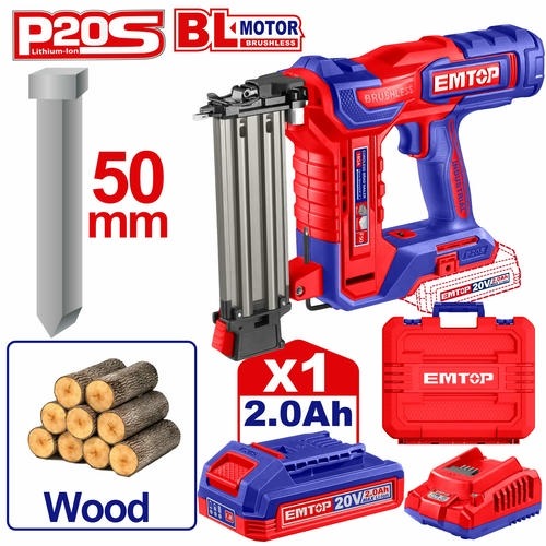 Pistola para clavos (15-50mm). BL 1x Bat 20V 2Ah + Acc. (M) Emtop