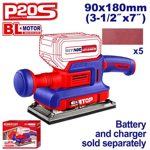 Lijadora orbital (90x180mm) BL. 20V. + Acc. Sin Bateria. Emtop