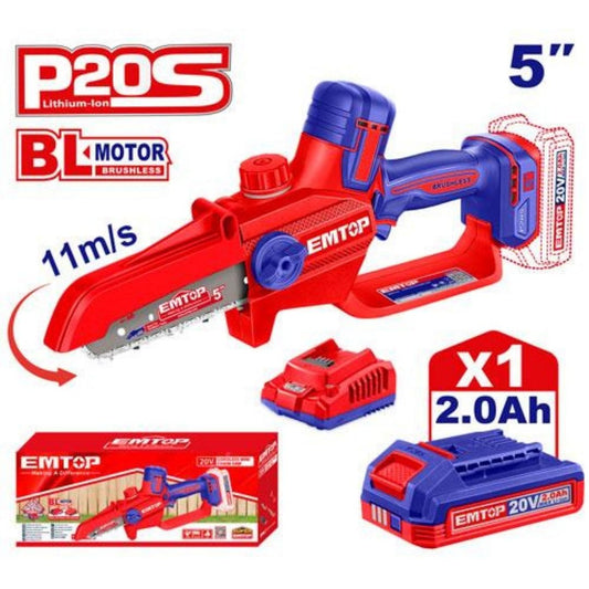 Mini motosierra 5" (Autolub) BL + Acc. 2x Bat 20V 2Ah. Emtop