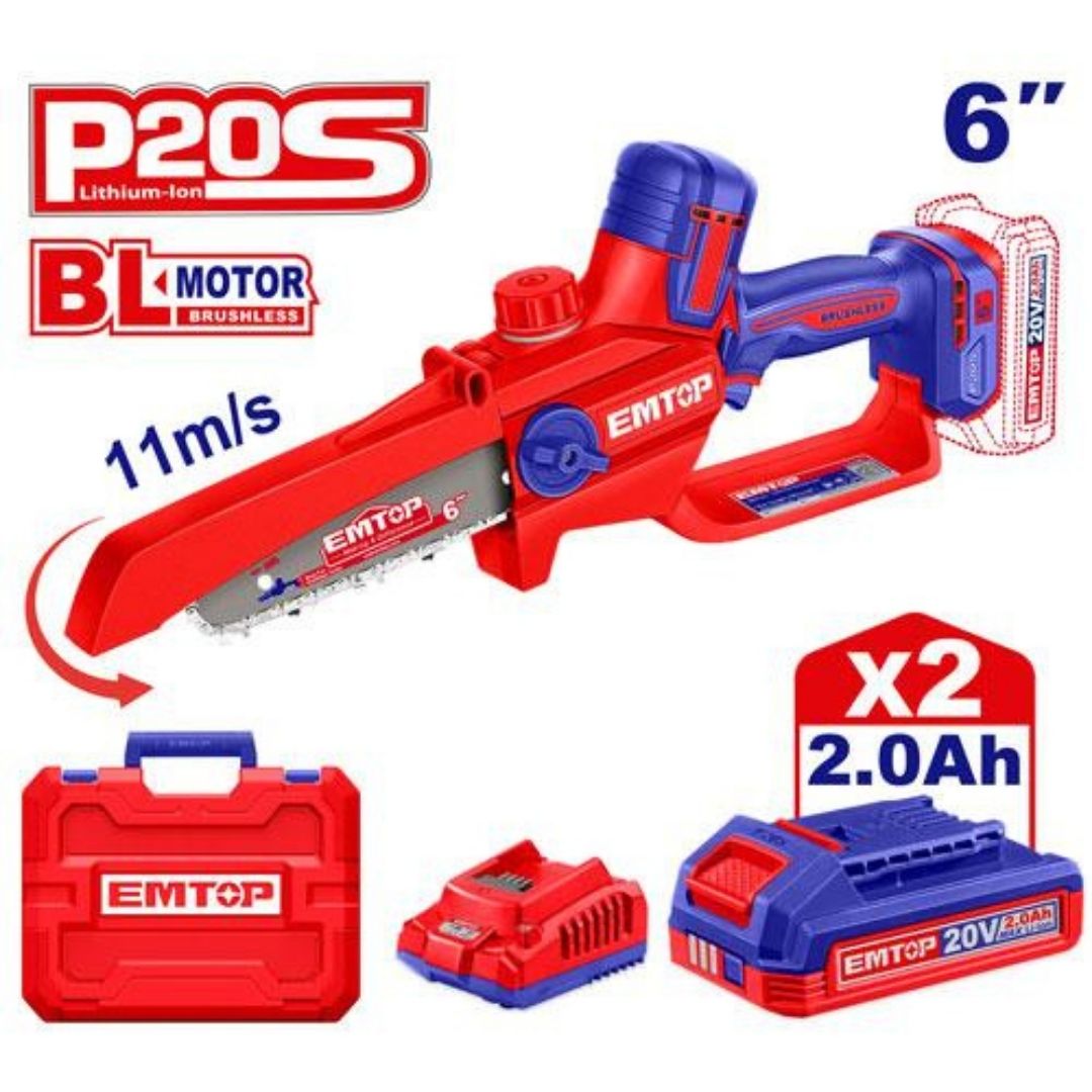Mini motosierra 6" (Autolub) BL + Acc. 2x Bat 20V 2Ah. (M) Emtop