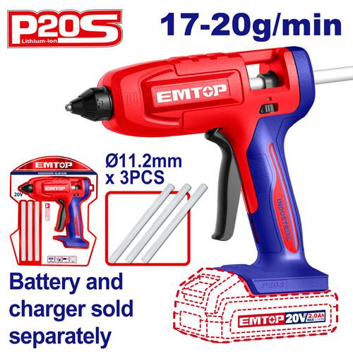 Pistola p/ Silicona 20V + 3x Barra (11.2x150mm). Sin Bateria. Emtop