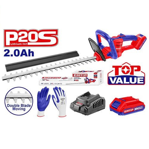 Cortasetos inalambrico 46cm + Acc. + 1x Bateria 20V 2.0Ah. Emtop