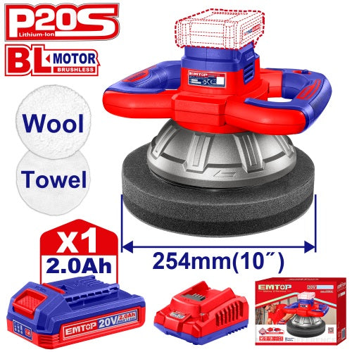 Pulidora Roto-Orbital 254mm BL + Acc. 1x Bateria 20V 2Ah. EMTOP