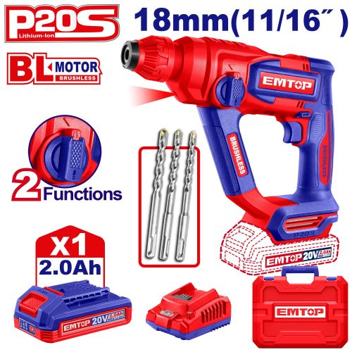 Rotomartillo SDSp 1.8J. 18mm + Acc. 1x Bat 20V 2Ah. (M) Emtop