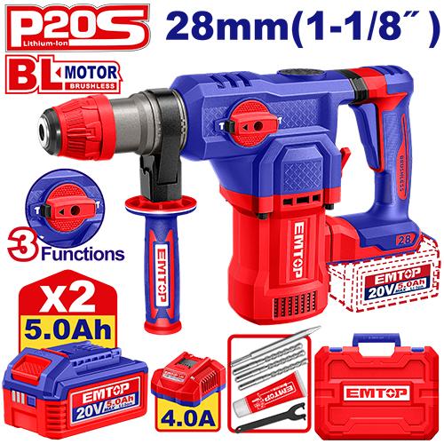 Rotomartillo SDSp 4.5J. 28mm BL + Acc. 2x Bat 20V 5Ah. (M) Emtop