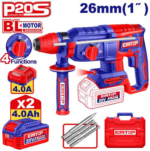Rotomartillo SDSp 2.5J. 26mm BL + Acc. 2x Bat 20V 4Ah. (M) Emtop