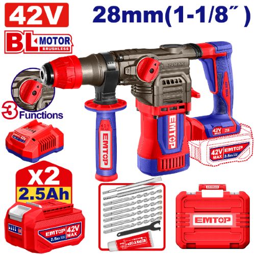 Rotomartillo SDSp 4.5J. 28mm BL + Acc. 2x Bat 42V 2.5Ah. (M) Emtop