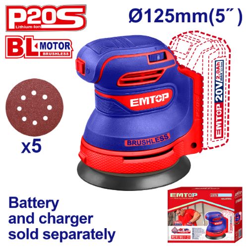 Lijadora roto-orbital (125mm) 20V. + Acc. Sin Bateria. Emtop