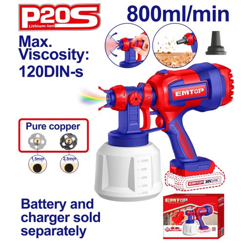 Pistola de Pintar 800ml 20V + Acc. Sin Bateria. Emtop