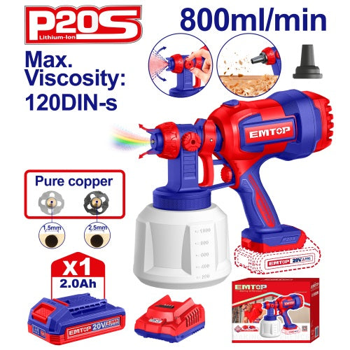 Pistola de Pintar 800ml + 1x Bateria 20V 2Ah. Emtop