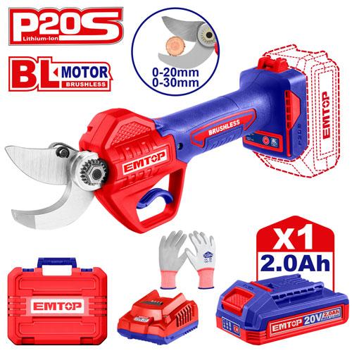 Tijera de podar (0-30mm) BL 20V + Acc. 1x Bat 20V 2Ah. (M) Emtop