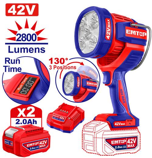 Reflector inalambrico LED 2000 Lumens. 2x Bat. 42V 2Ah Emtop