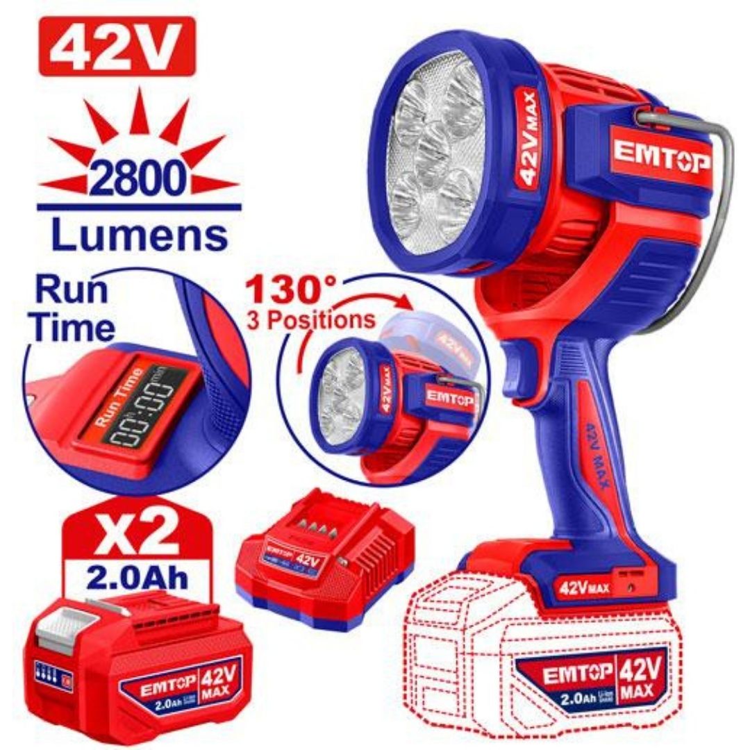Reflector inalambrico LED 2000 Lumens. 2x Bat. 42V 2Ah Emtop