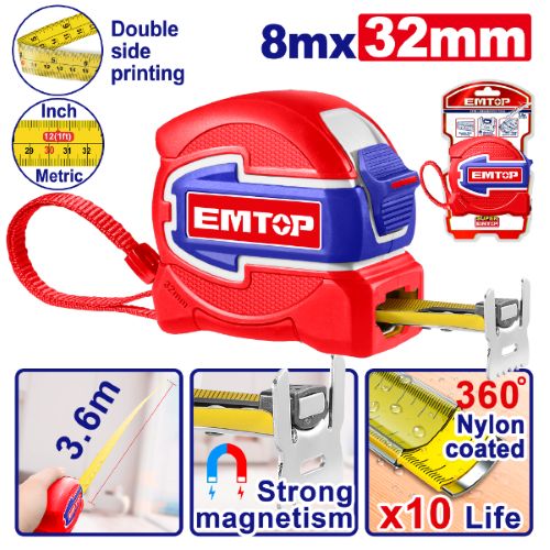 Cinta metrica Retractil Industrial 8m x 32mm. Emtop