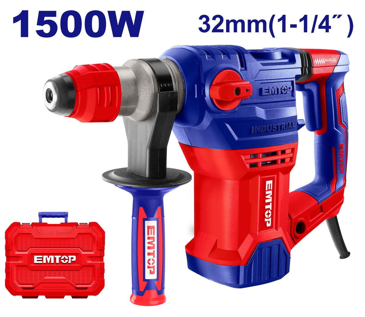Rotomartillo 1500W. 5.5J. 32mm SDS Plus + Acc. (M). Emtop