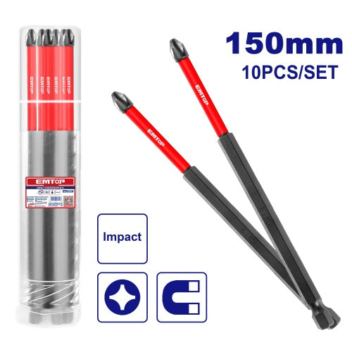 Puntas de Impacto largas 150mm PH2+  Acero Industrial S2. Emtop x10Un.
