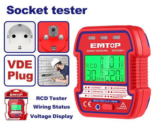 Comprobador de tomas electricas LCD. RCD>30mA. Emtop